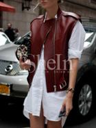 Shein Burgundy Sleeveless Stand Collar Pu Leather Jacket