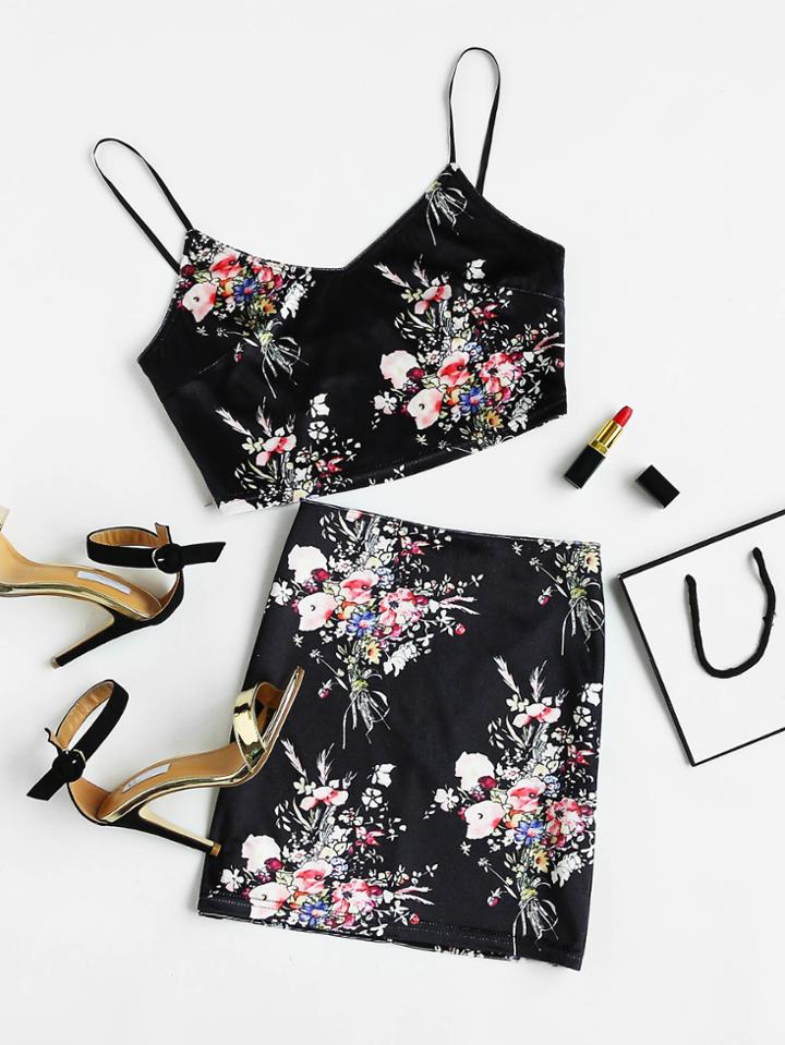 Shein Calico Print Zipper Back Cami Top With Skirt