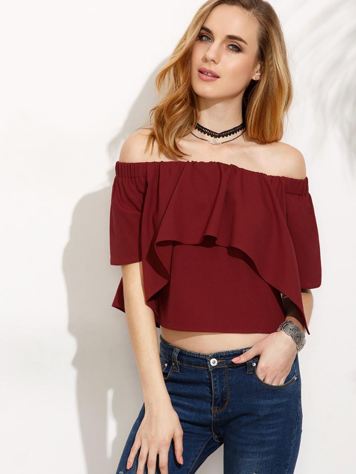 Shein Burgundy Ruffle Off The Shoulder Crop Blouse