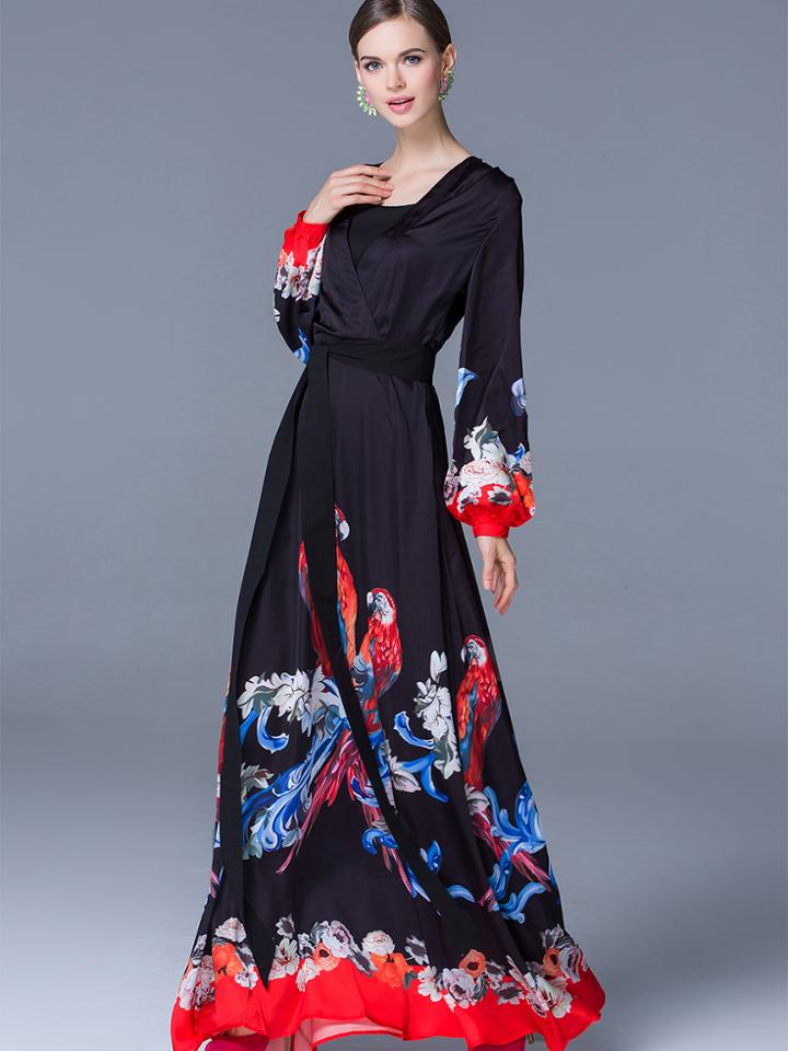 Shein Black Boat Neck Long Sleeve Print Dress