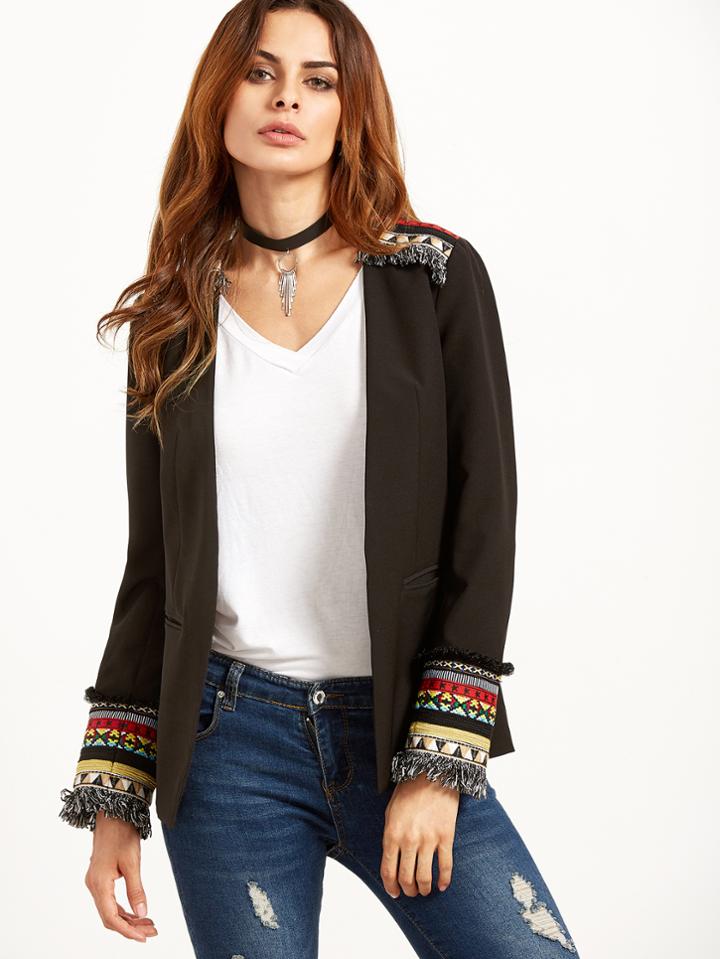 Shein Black Collarless Blazer With Embroidered Detail