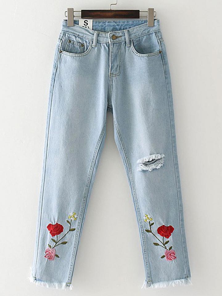Shein Ripped Detail Flower Embroidered Jeans