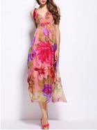 Shein Multicolor V Neck Spaghetti Strap Backless Floral Print Maxi Dress