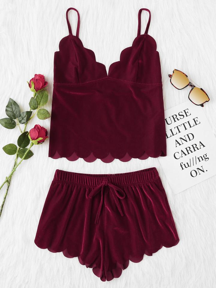 Shein Scalloped Trim Velvet Cami Top & Shorts Pajama Set