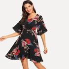 Shein Lace Cuff Flower Print Dress