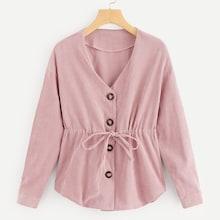 Shein Drawstring Detail Solid Corduroy Blouse