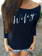 Shein Black One Shoulder Letters Print T-shirt