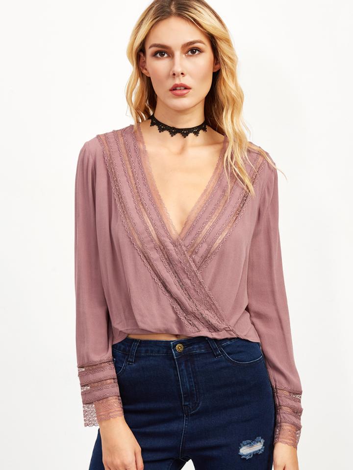 Shein Striped Lace Trim Surplice Blouse