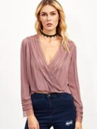 Shein Striped Lace Trim Surplice Blouse