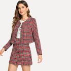 Shein Button Up Plaid Tweed Coat And Skirt Set