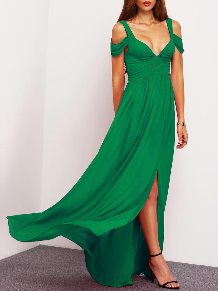 Shein Drape Cold Shoulder Ruched Waist Slit Dress