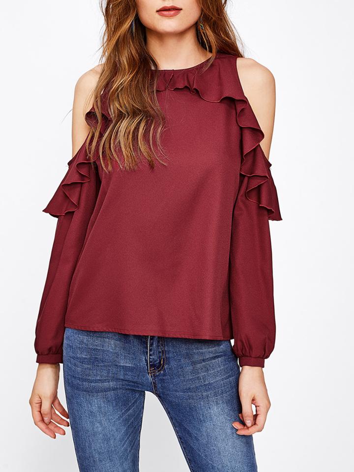 Shein Frill Trim Cold Shoulder Blouse