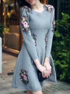 Shein Grey Round Neck Long Sleeve Patch Embroidered Knit Dress