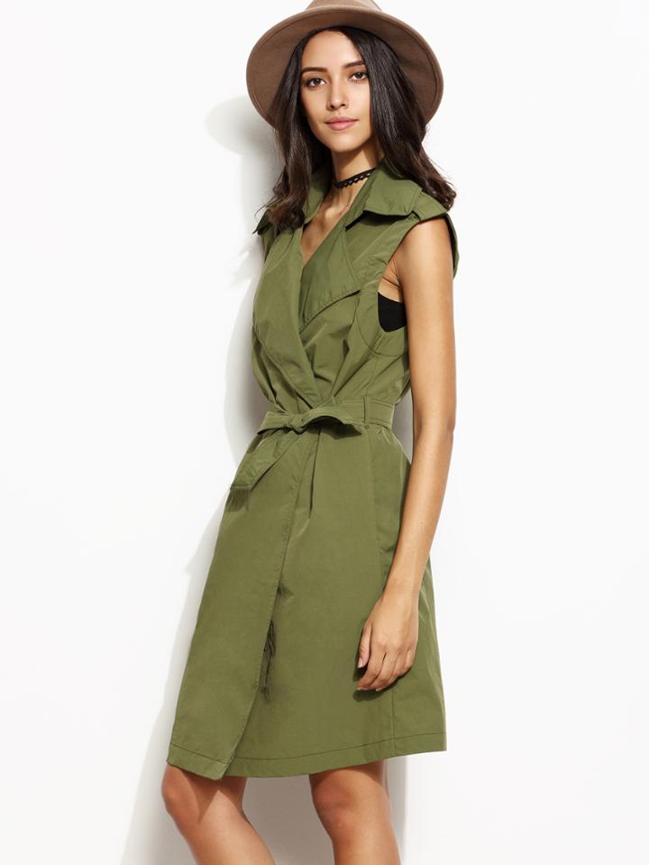 Shein Army Green Self Tie Long Sleeveless Outerwear