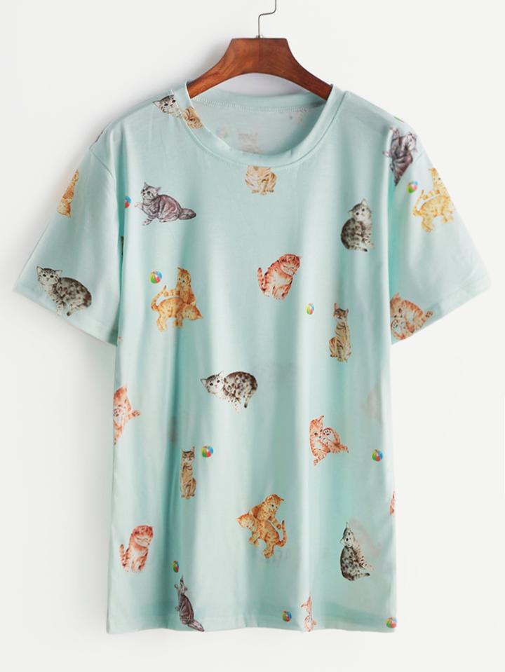 Shein Blue Cats Print T-shirt