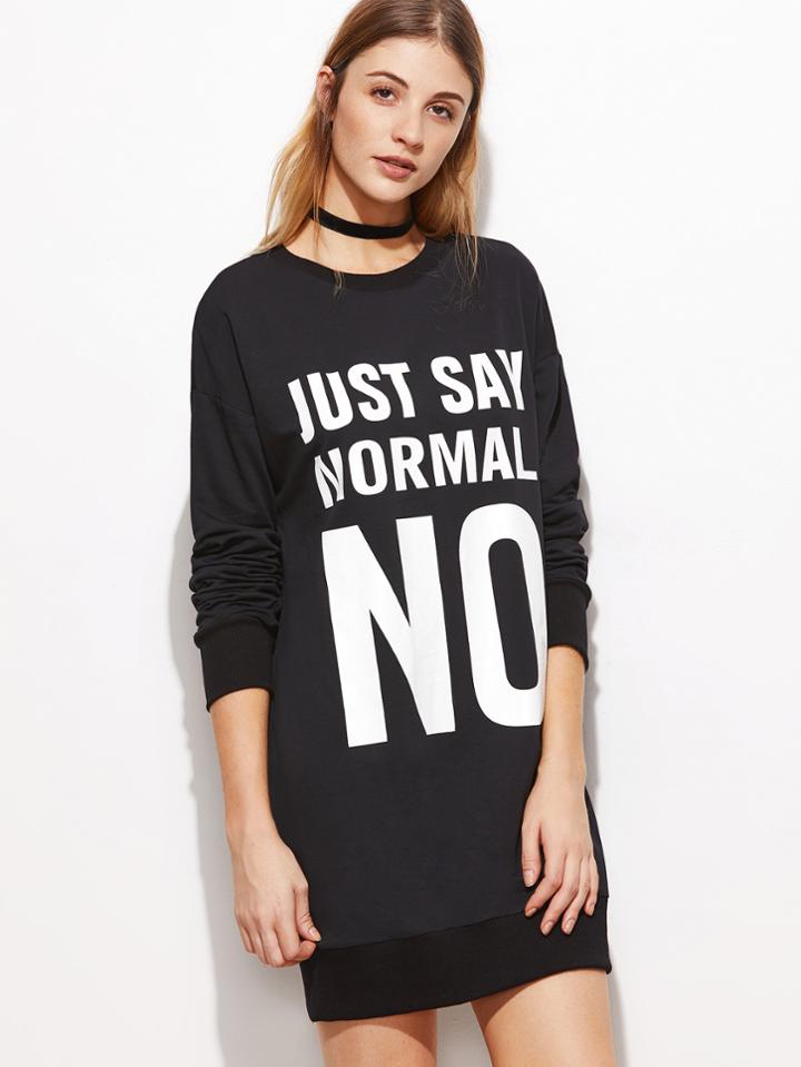 Shein Black Letter Print Drop Shoulder Sweatshirt Dress