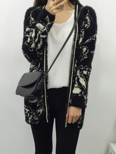 Shein Black Long Sleeve Floral Bead Coat Sweater