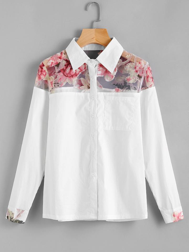 Shein Rose Print Contrast Mesh Blouse