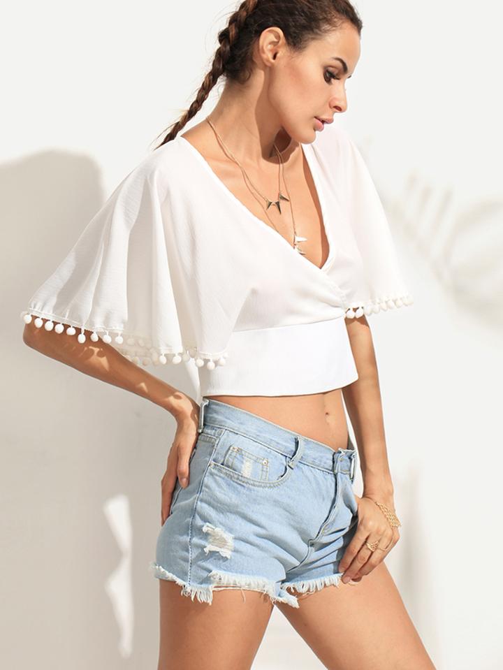 Shein Deep V Neck Pom-pom Lace Up Crop Top