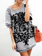 Shein Grey Scoop Neck Folk Applique T-shirt