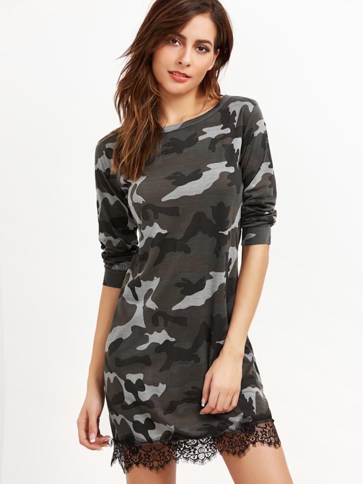 Shein Camo Print Contrast Eyelash Lace Sweatshirt Dress