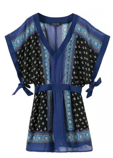 Rosewe V Neck Batwing Sleeve Blue Printed Kimono Dress