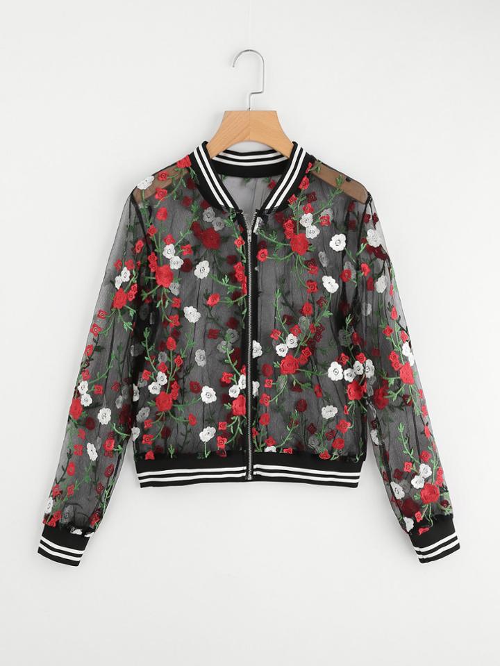 Shein Embroidery Mesh Striped Bomber Jacket