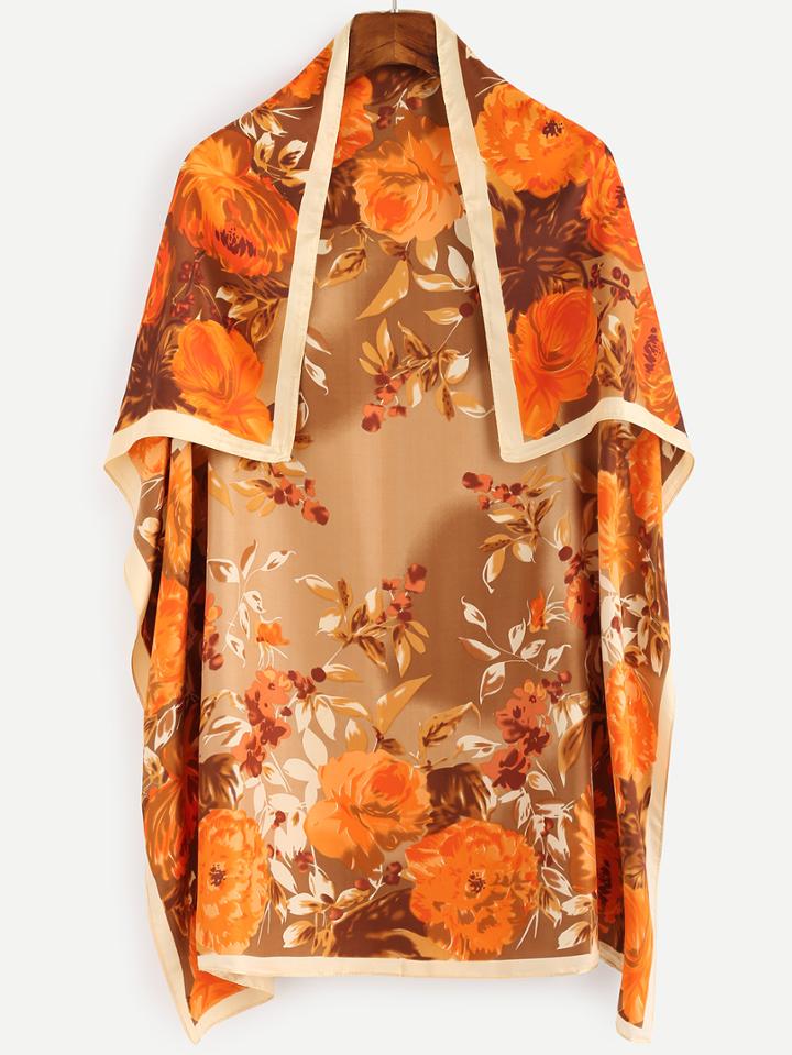 Shein Gold Peony Floral Print Square Scarf