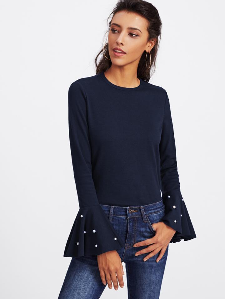 Shein Pearl Beading Bell Sleeve Tee