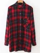Shein Red Plaid Dragon Embroidery Button Up Blouse