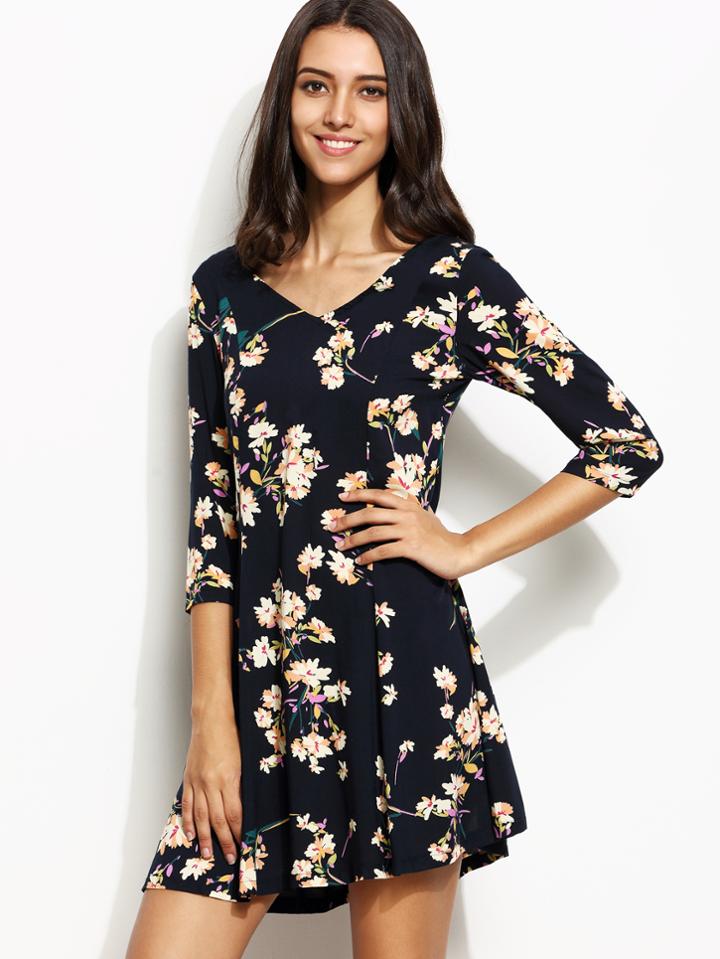 Shein Floral Print V Neck Lattice-back Skater Dress