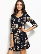 Shein Floral Print V Neck Lattice-back Skater Dress