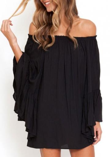 Rosewe Off The Shoulder Flare Sleeve Black Shift Dress