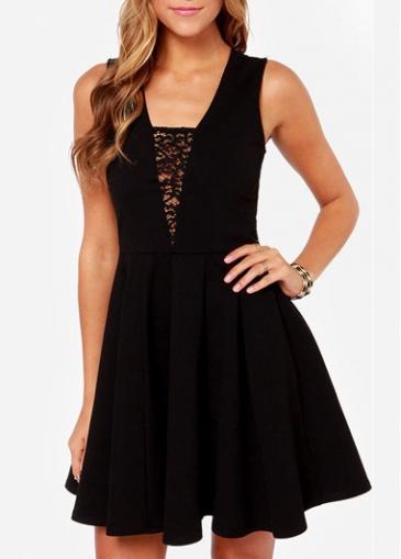 Rosewe Enchanting Sleeveless Lace Patchwork Solid Black Mini Dress