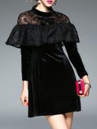 Shein Black Sheer Embroidered Velvet Pockets Dress