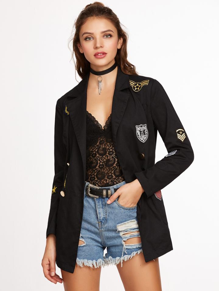 Shein Black Double Breasted Blazer With Patch Detail