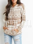Shein Apricot Long Sleeve Hooded Geometric Print Sweater