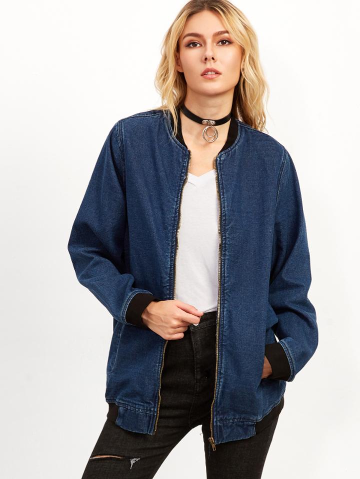 Shein Blue Contrast Trim Zip Up Denim Jacket
