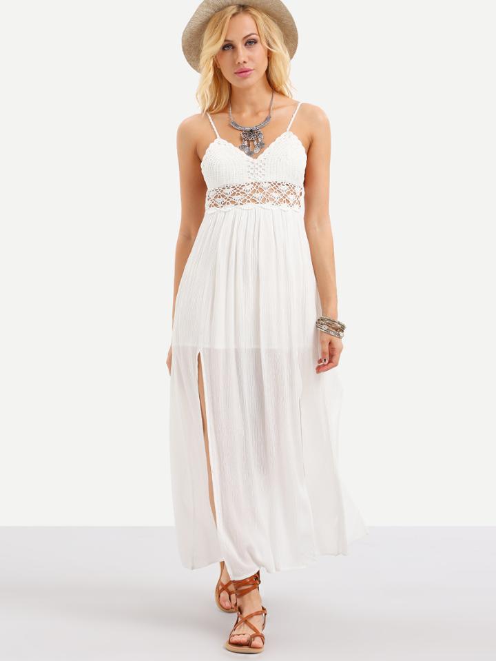Shein White Spaghetti Strap Crochet Hollow Out Split Dress