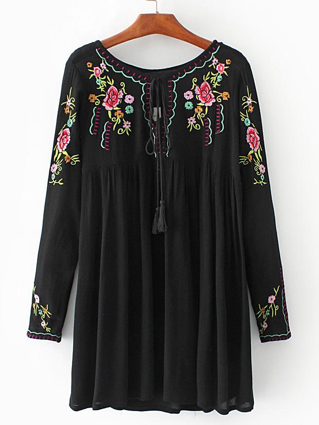Shein Black Flower Embroidered Tie Neck Tent Dress