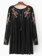 Shein Black Flower Embroidered Tie Neck Tent Dress
