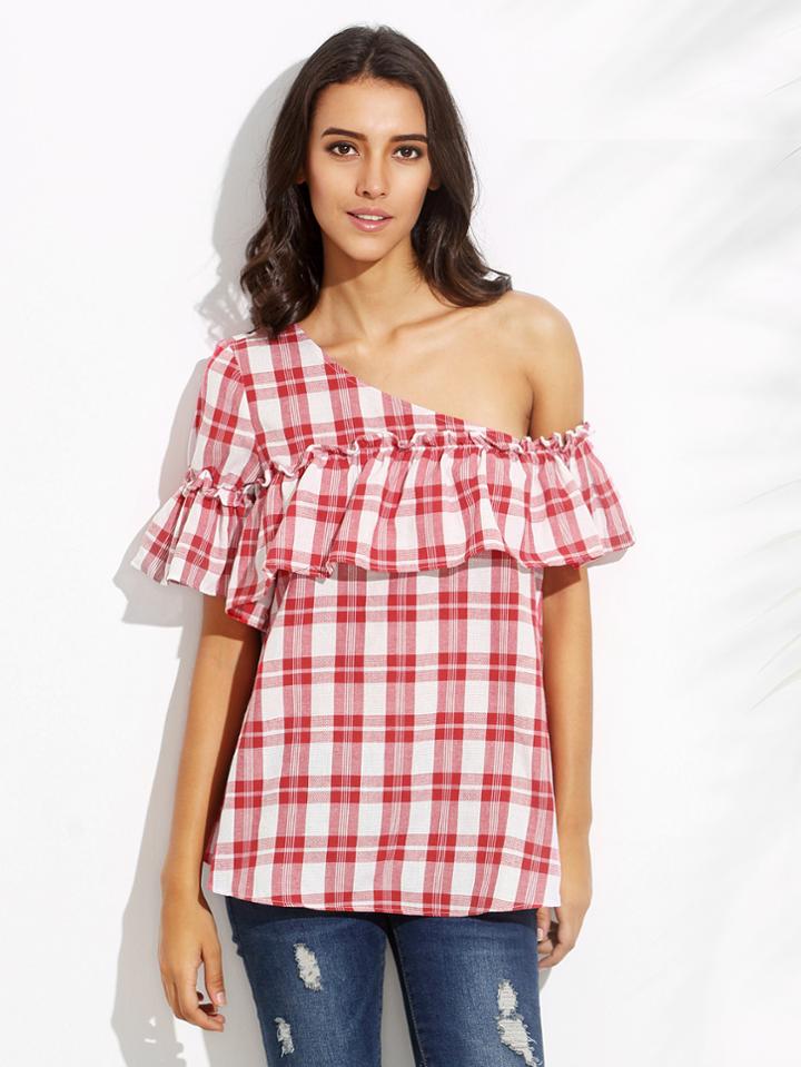 Shein Red Plaid One Shoulder Ruffle Blouse