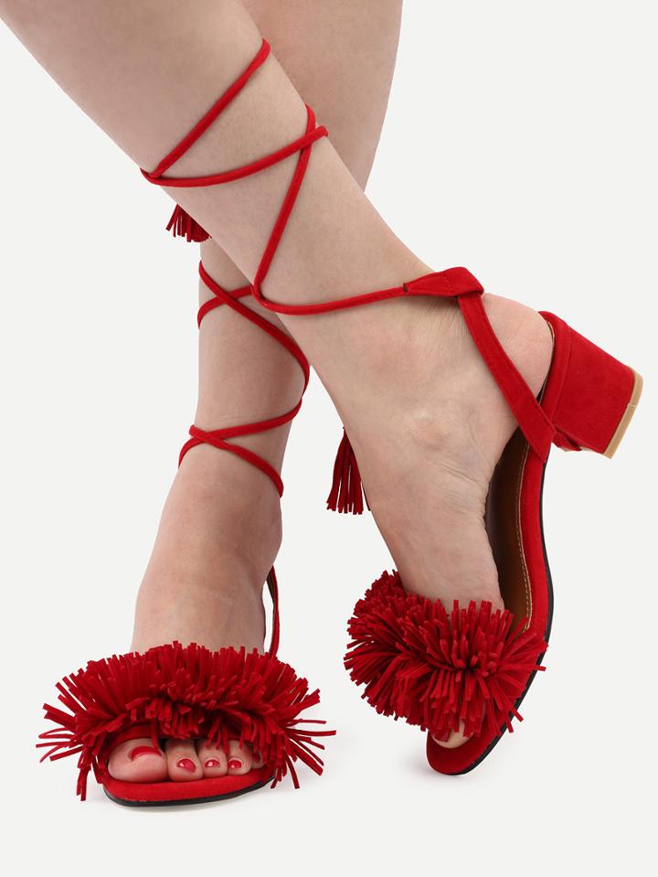 Shein Red Lace Up Single Sole Tassel Chunky Sandals