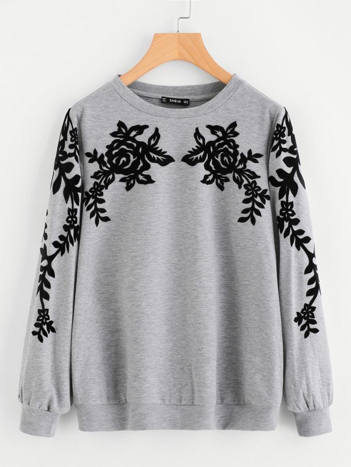 Shein Contrast Flock Flower Applique Heathered Pullover