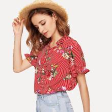 Shein Stripe & Flower Print Frill Neck Blouse