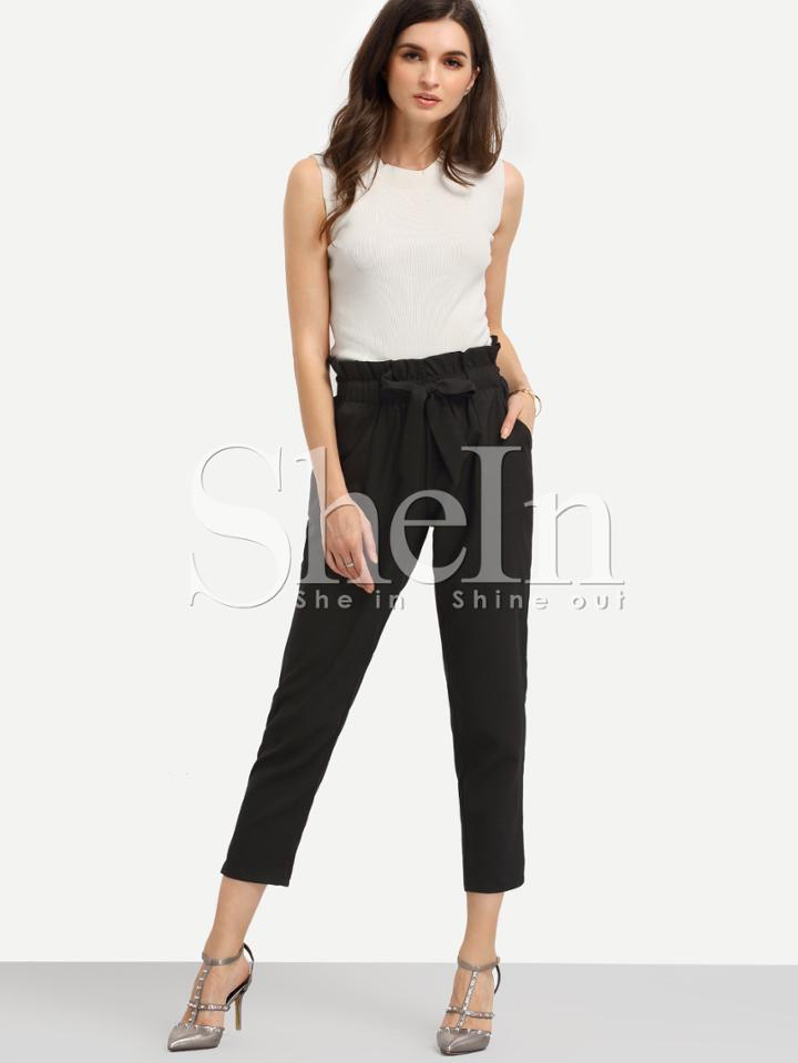 Shein Black Pockets Tie Waist Pants
