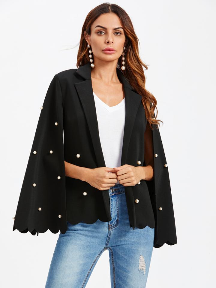 Shein Scallop Trim Pearl Beading Cape Sleeve Blazer