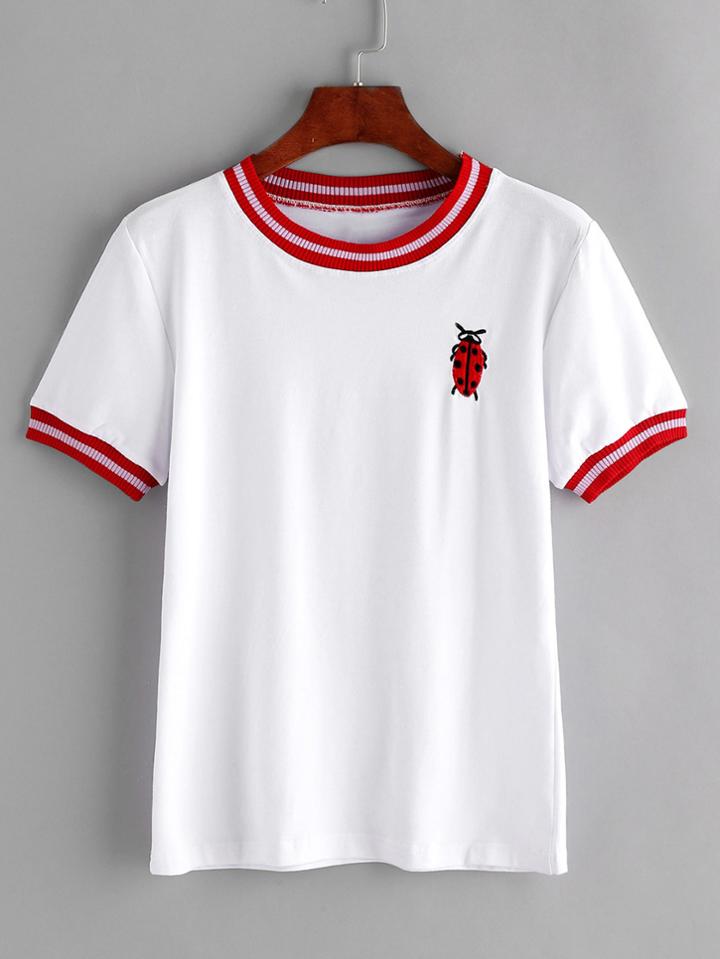 Shein White Contrast Striped Trim Embroidered T-shirt