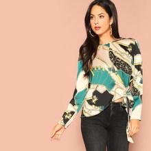 Shein Keyhole Back Knotted Mixed Print Top