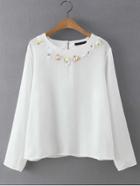 Shein White Flower Applique Long Sleeve Blouse